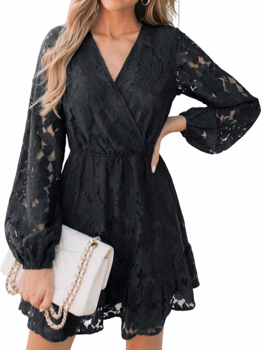 NWT Cupshe Black Lace Wrap Mini Dress with Balloon Sleeves, 2XL